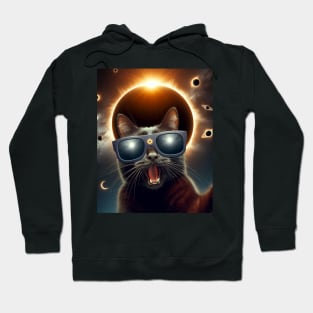 black cat taking a selfie with solar 2024 eclipse wearing Glasses Hoodie
